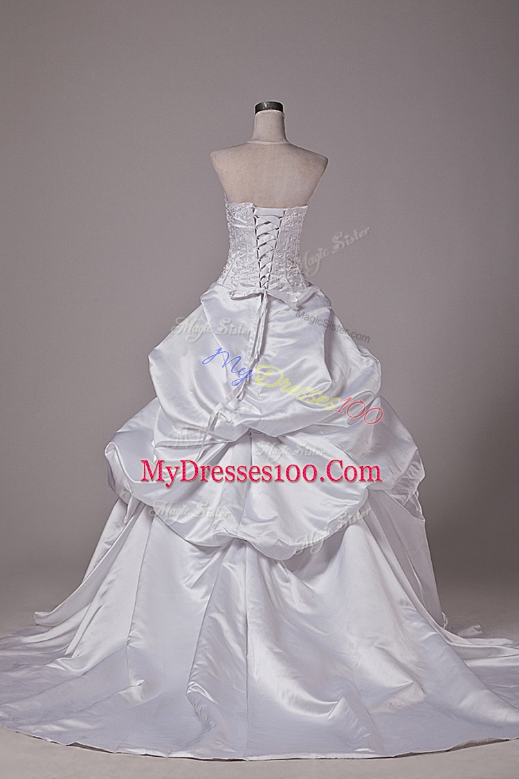 Adorable White Lace Up Wedding Gowns Embroidery and Pick Ups Sleeveless Brush Train