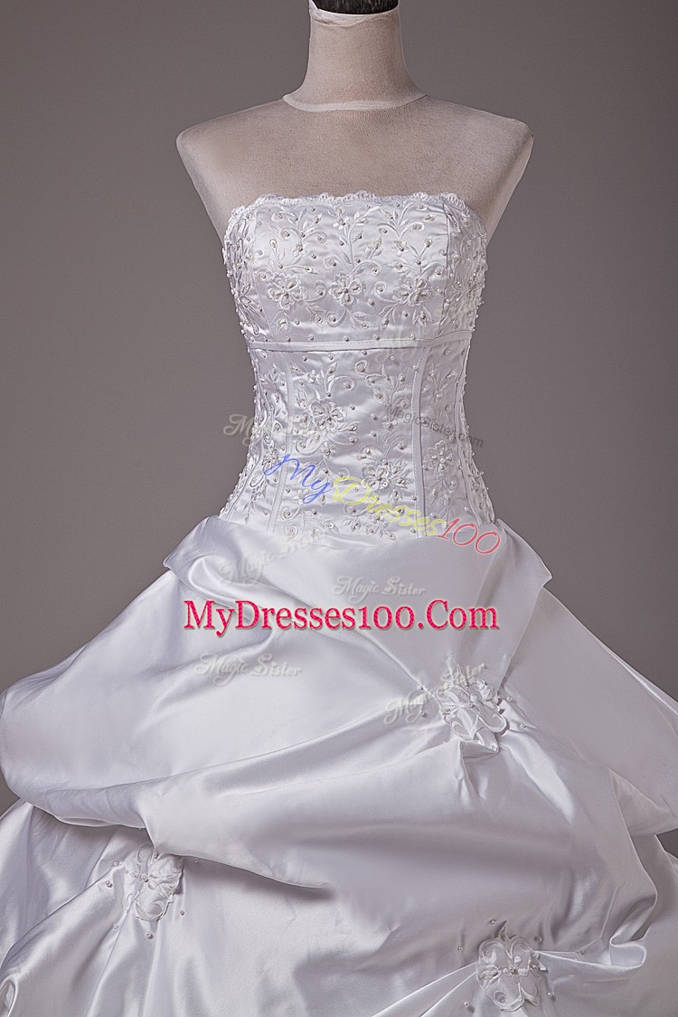 Adorable White Lace Up Wedding Gowns Embroidery and Pick Ups Sleeveless Brush Train