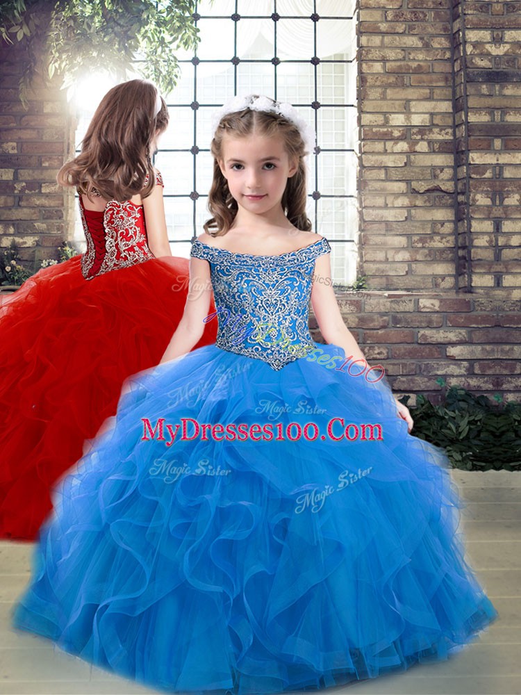 Cute Floor Length Lace Up Little Girls Pageant Dress Blue for Party and Wedding Party with Beading and Ruffles