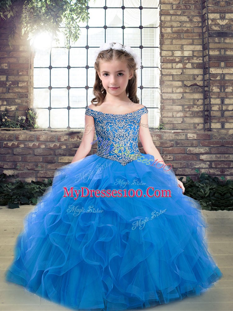 Cute Floor Length Lace Up Little Girls Pageant Dress Blue for Party and Wedding Party with Beading and Ruffles