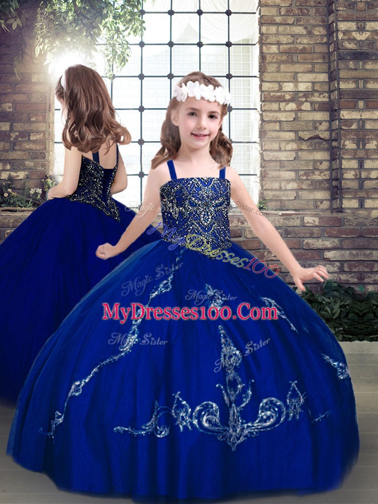 Inexpensive Royal Blue Straps Neckline Beading Little Girl Pageant Gowns Sleeveless Lace Up