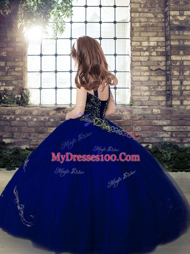 Inexpensive Royal Blue Straps Neckline Beading Little Girl Pageant Gowns Sleeveless Lace Up