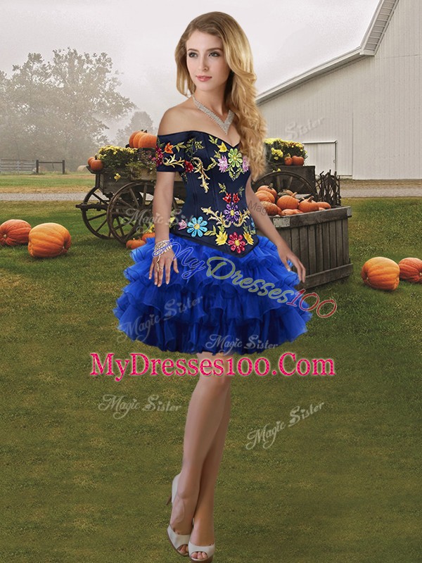 Superior Floor Length Blue And Black Ball Gown Prom Dress Organza Sleeveless Embroidery and Ruffled Layers