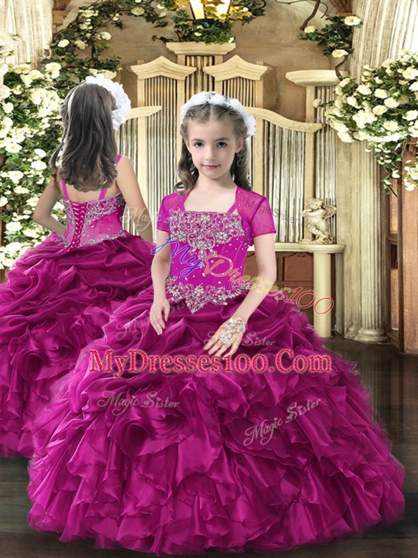 Fuchsia Straps Neckline Beading and Ruffles Kids Pageant Dress Sleeveless Lace Up