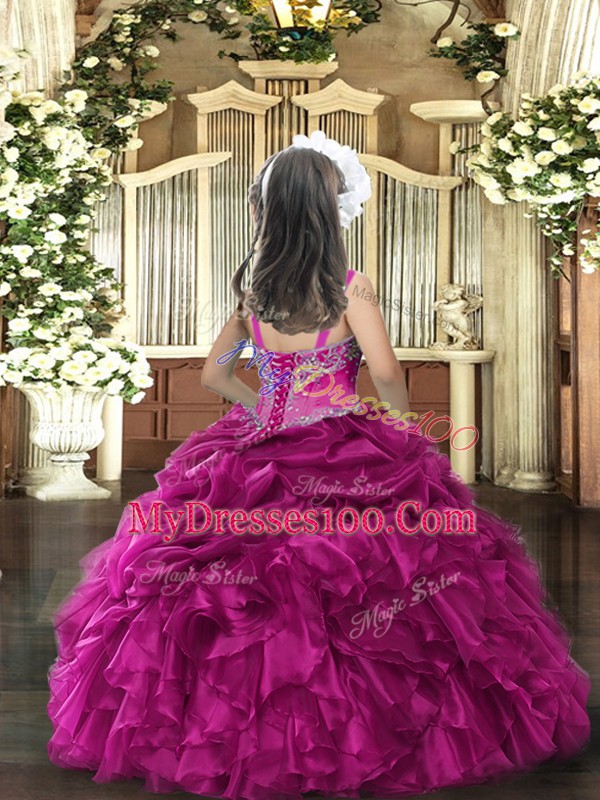 Fuchsia Straps Neckline Beading and Ruffles Kids Pageant Dress Sleeveless Lace Up