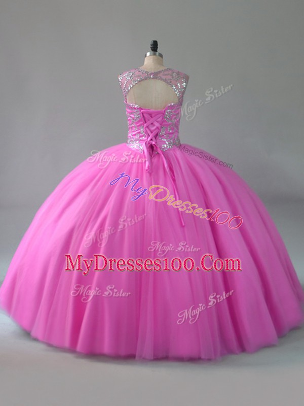 Rose Pink Sleeveless Floor Length Beading Lace Up Quinceanera Gowns