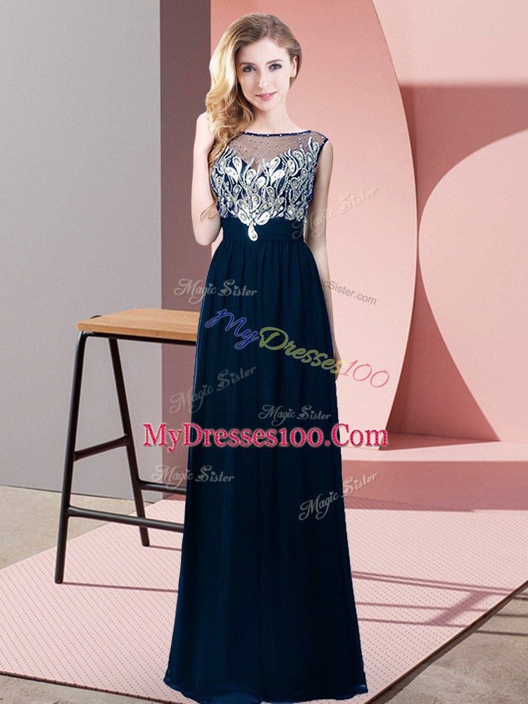 Navy Blue Empire Beading Prom Gown Backless Chiffon Sleeveless Floor Length