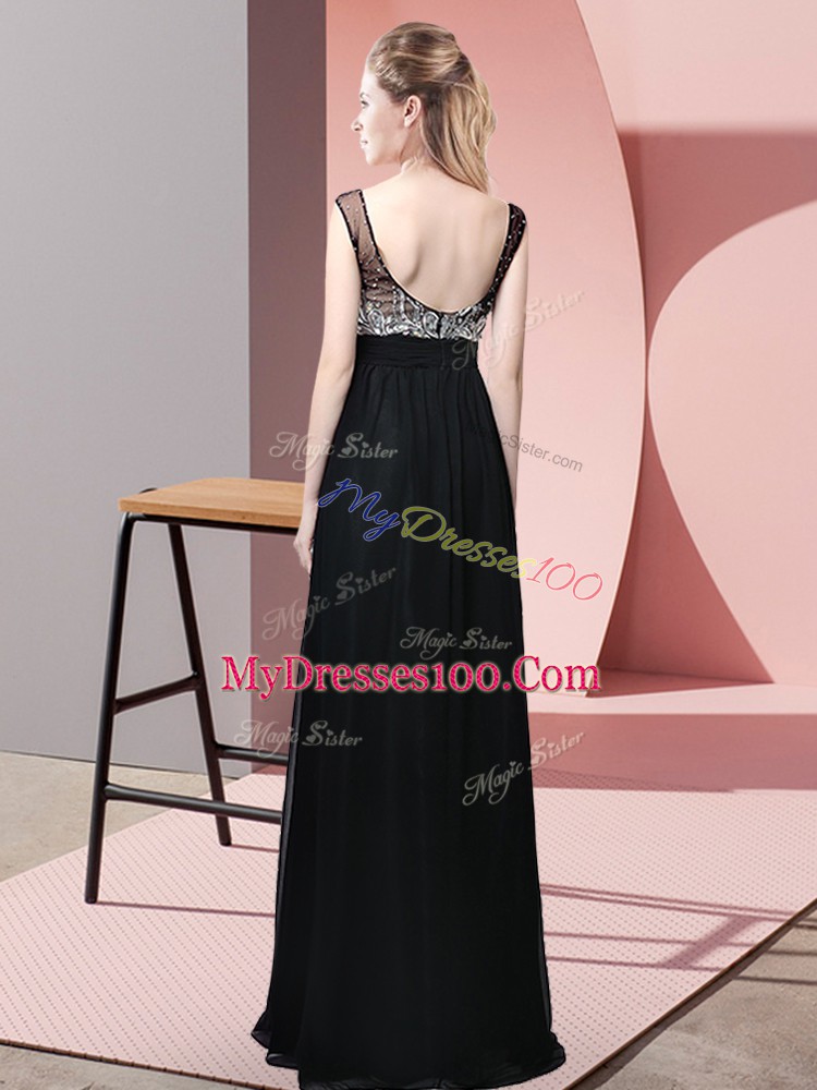 Navy Blue Empire Beading Prom Gown Backless Chiffon Sleeveless Floor Length