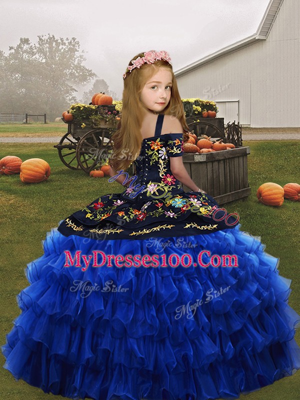 Brown Straps Lace Up Embroidery Kids Pageant Dress Sleeveless