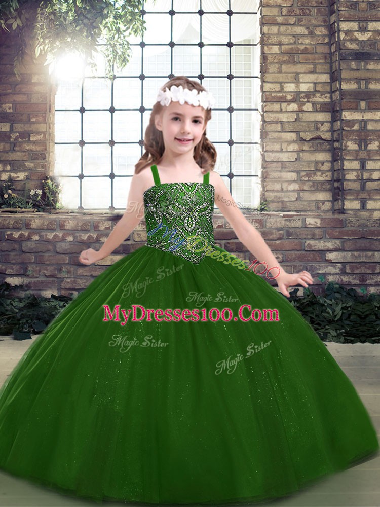 Dramatic Floor Length Green Little Girl Pageant Dress Straps Sleeveless Lace Up