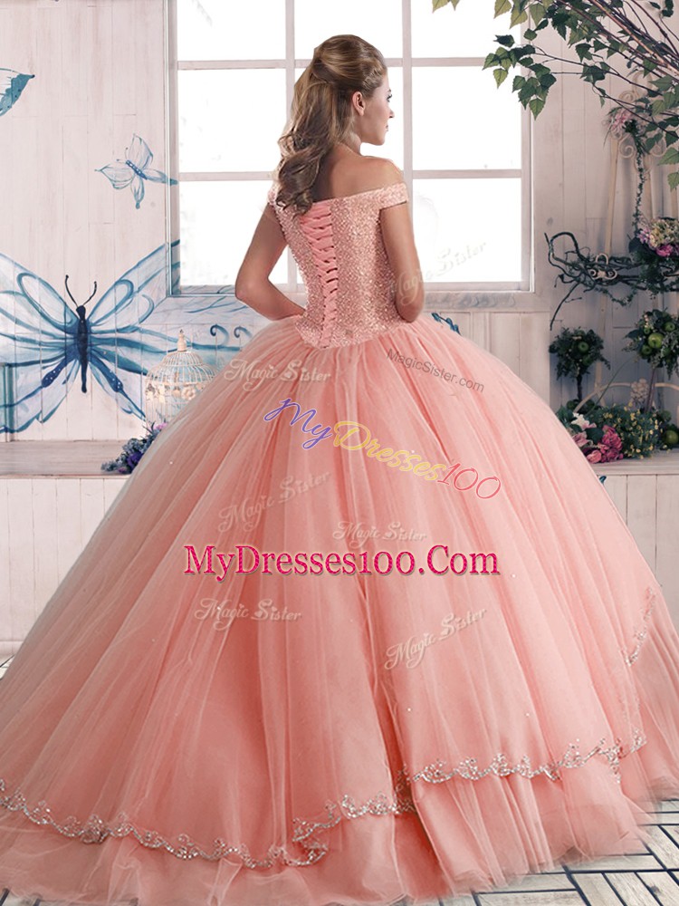 Most Popular Tulle Off The Shoulder Sleeveless Brush Train Lace Up Beading 15 Quinceanera Dress in Yellow Green