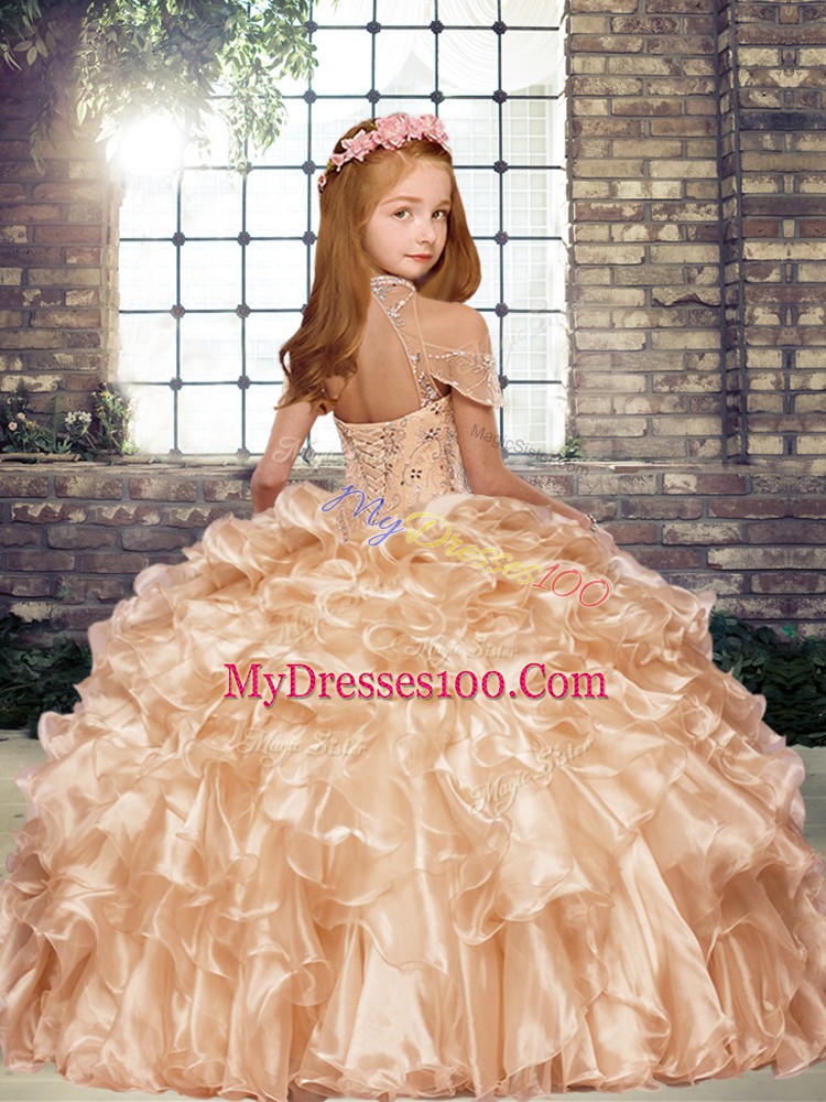 Superior Floor Length Lace Up Kids Formal Wear Apple Green for Party and Wedding Party with Beading and Ruffles