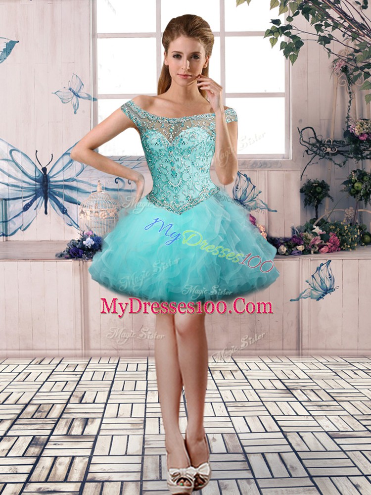 Affordable Aqua Blue Ball Gowns Tulle Off The Shoulder Sleeveless Beading and Ruffles Floor Length Lace Up Sweet 16 Dresses