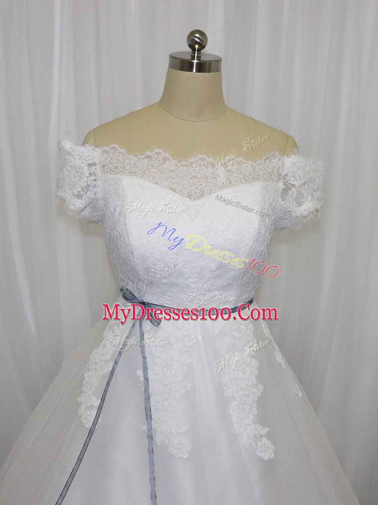 Pretty White Ball Gowns Tulle Off The Shoulder Short Sleeves Lace and Belt Floor Length Lace Up Bridal Gown