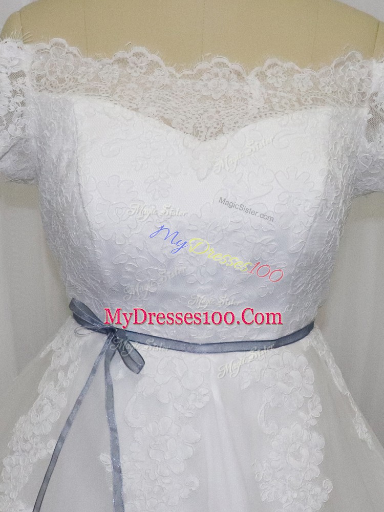 Pretty White Ball Gowns Tulle Off The Shoulder Short Sleeves Lace and Belt Floor Length Lace Up Bridal Gown