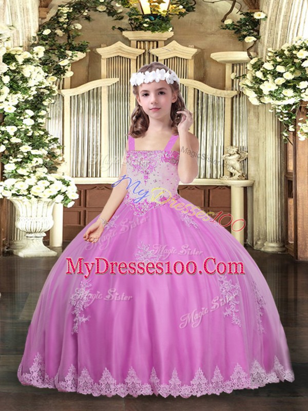 Excellent Lilac Straps Lace Up Appliques Little Girls Pageant Dress Sleeveless