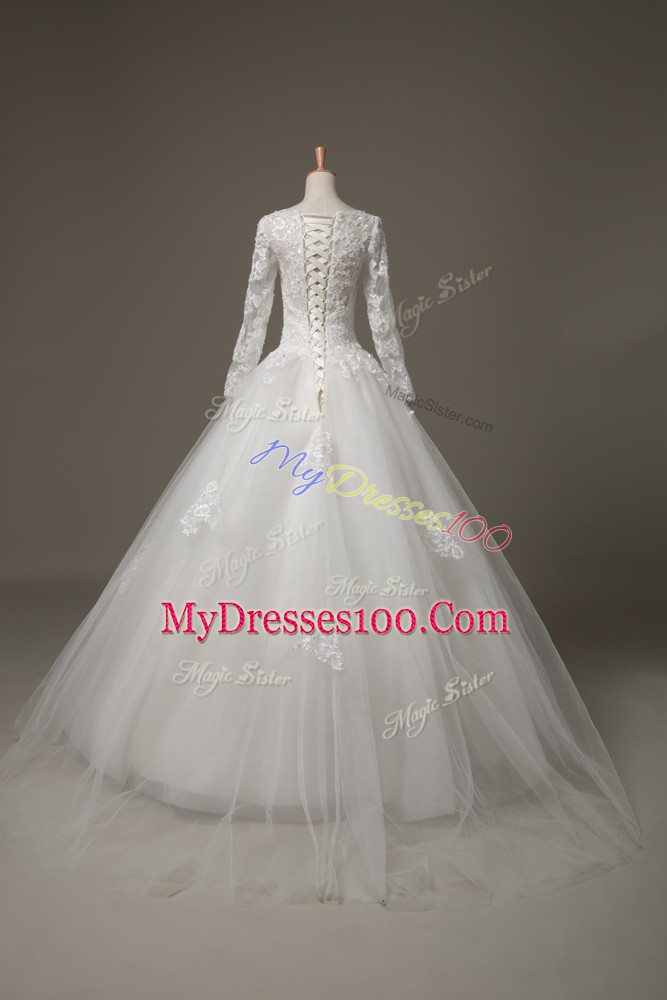 3 4 Length Sleeve Beading and Lace Lace Up Wedding Gown with White Brush Train