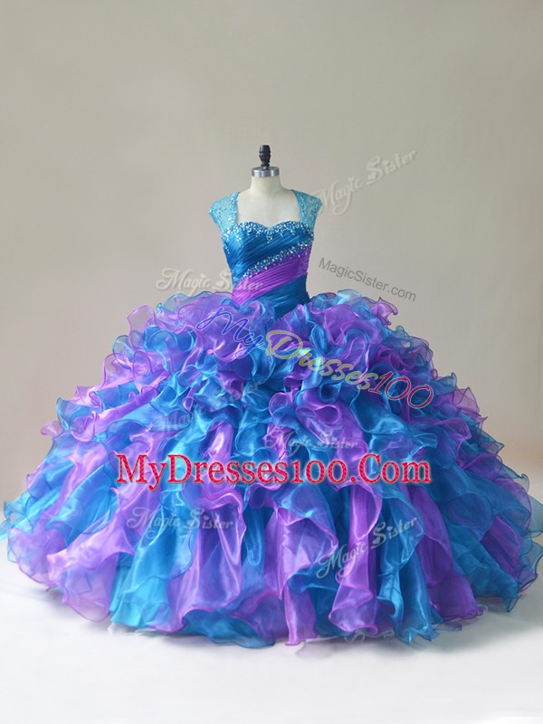 Multi-color Organza Zipper 15th Birthday Dress Sleeveless Floor Length Beading and Ruffles