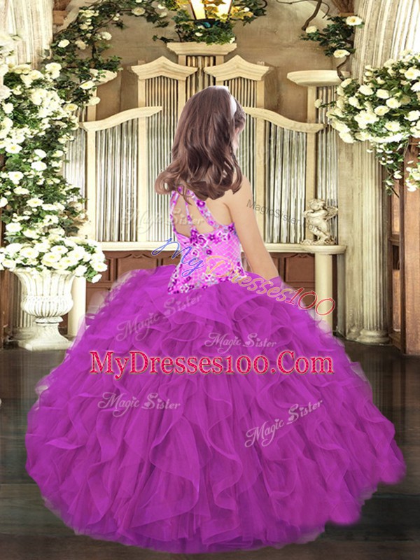 Perfect Hot Pink Halter Top Lace Up Appliques and Ruffles Girls Pageant Dresses Sleeveless