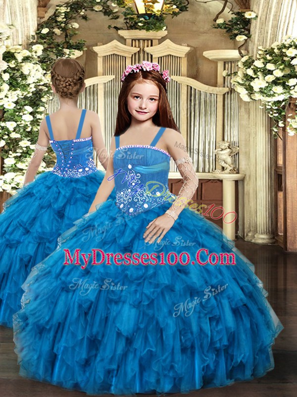 Blue Tulle Lace Up Kids Pageant Dress Sleeveless Floor Length Beading