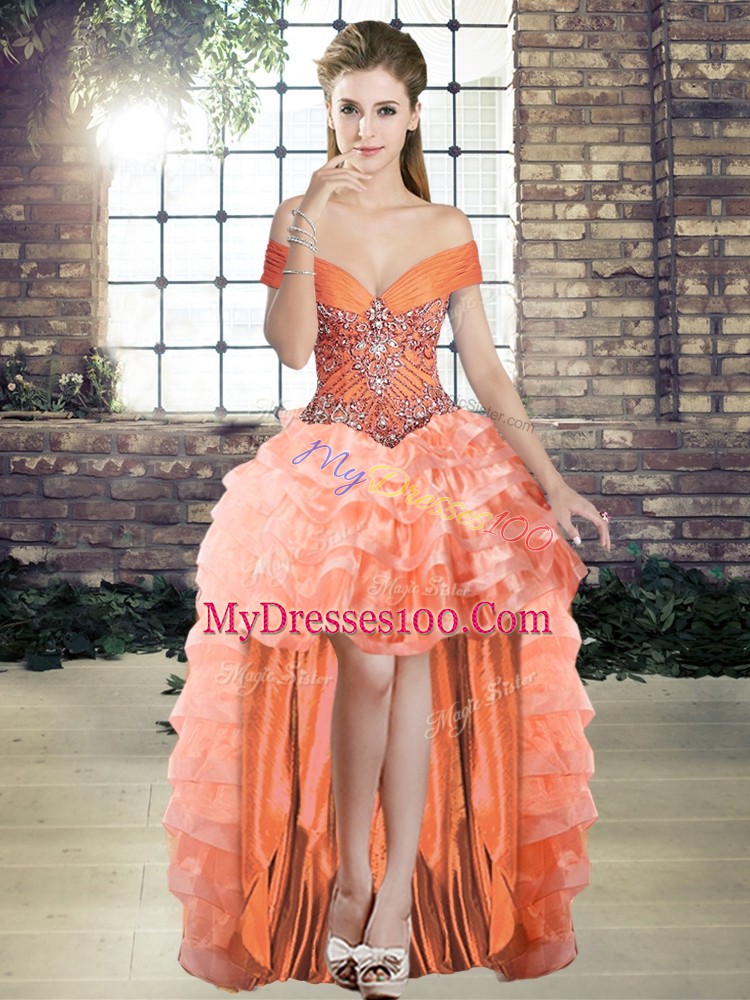 Peach Ball Gowns Organza Off The Shoulder Sleeveless Beading and Ruffled Layers Lace Up Ball Gown Prom Dress Brush Train