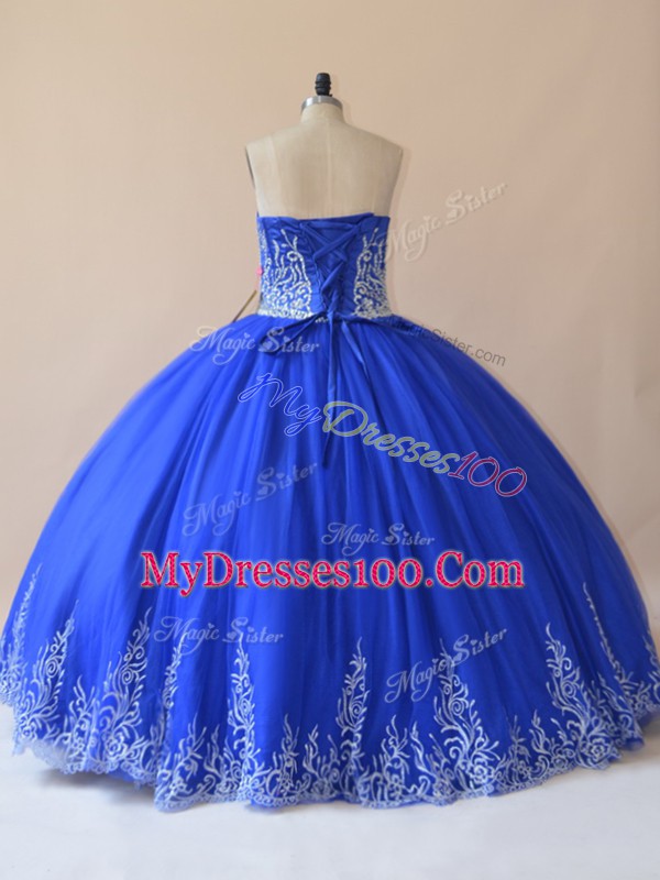 Ideal Royal Blue Lace Up Ball Gown Prom Dress Embroidery Sleeveless Floor Length