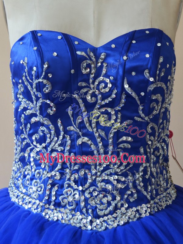 Ideal Royal Blue Lace Up Ball Gown Prom Dress Embroidery Sleeveless Floor Length