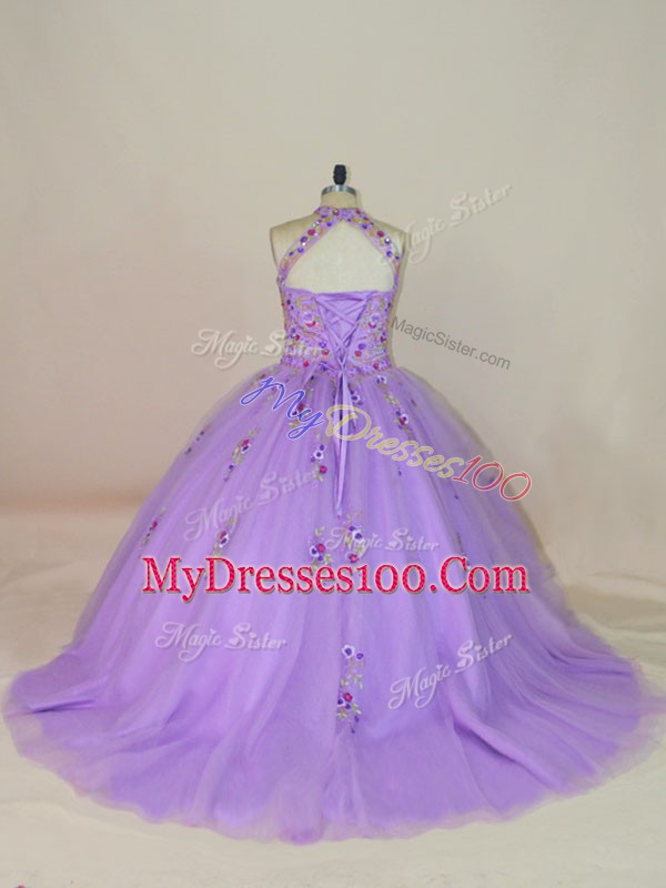 Lavender Lace Up Vestidos de Quinceanera Beading and Embroidery Sleeveless Brush Train