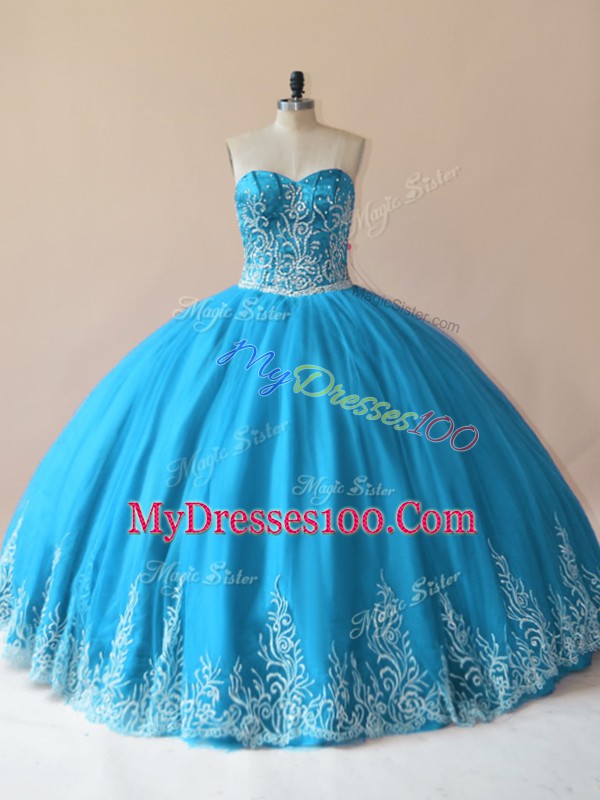 Artistic Baby Blue Ball Gowns Tulle Sweetheart Sleeveless Embroidery Floor Length Lace Up Quince Ball Gowns