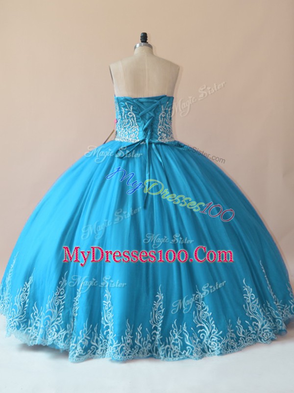 Artistic Baby Blue Ball Gowns Tulle Sweetheart Sleeveless Embroidery Floor Length Lace Up Quince Ball Gowns