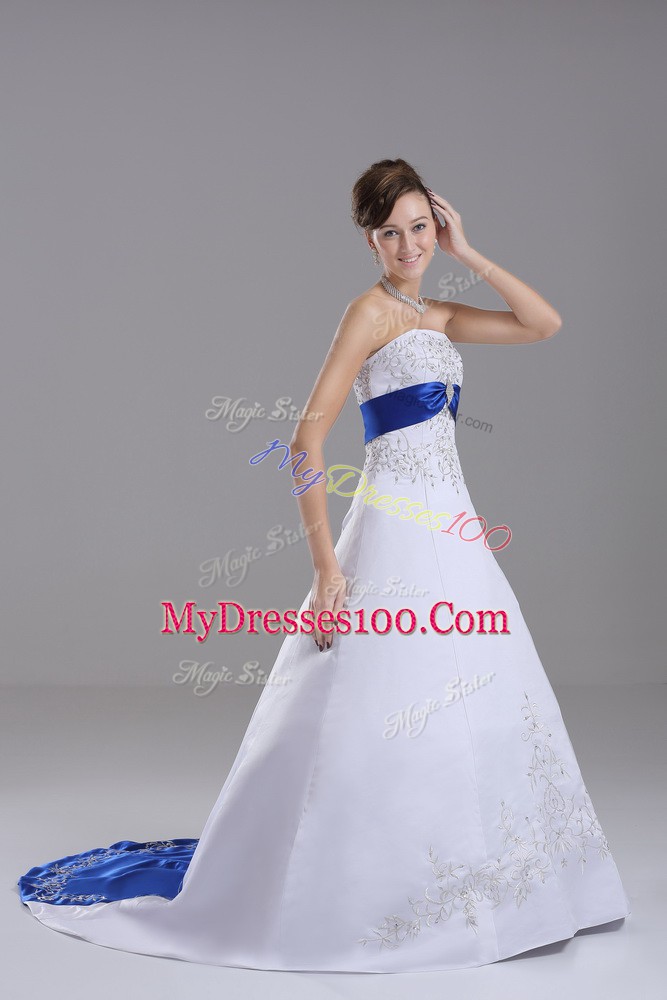 Exquisite White Strapless Lace Up Beading and Embroidery Bridal Gown Brush Train Sleeveless