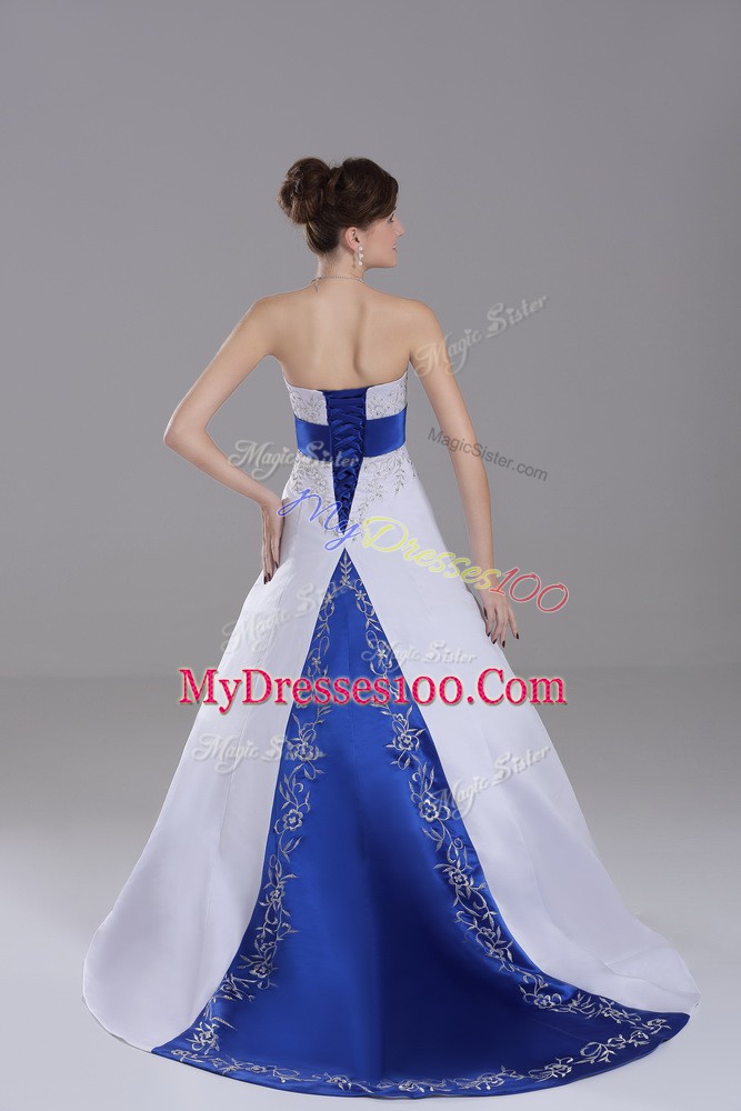 Exquisite White Strapless Lace Up Beading and Embroidery Bridal Gown Brush Train Sleeveless