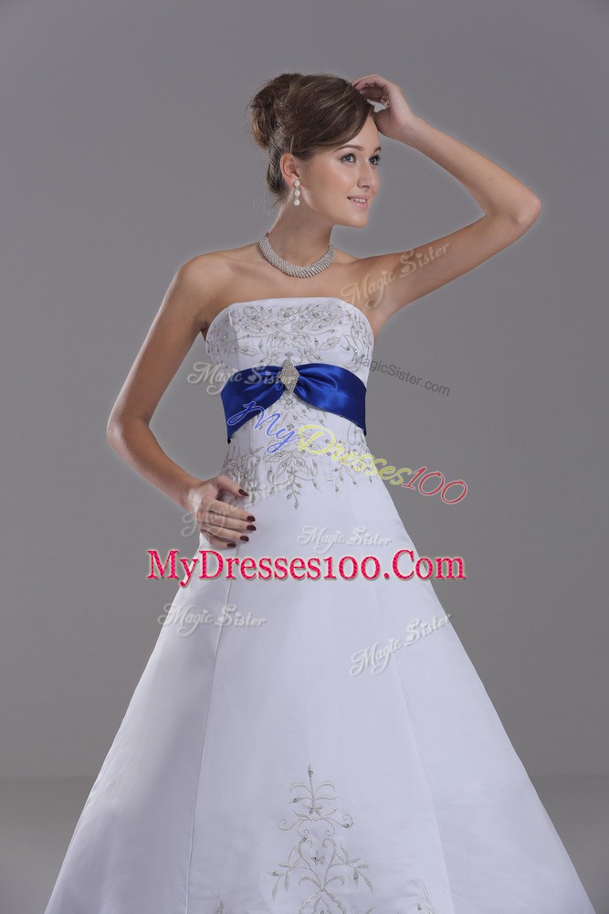 Exquisite White Strapless Lace Up Beading and Embroidery Bridal Gown Brush Train Sleeveless