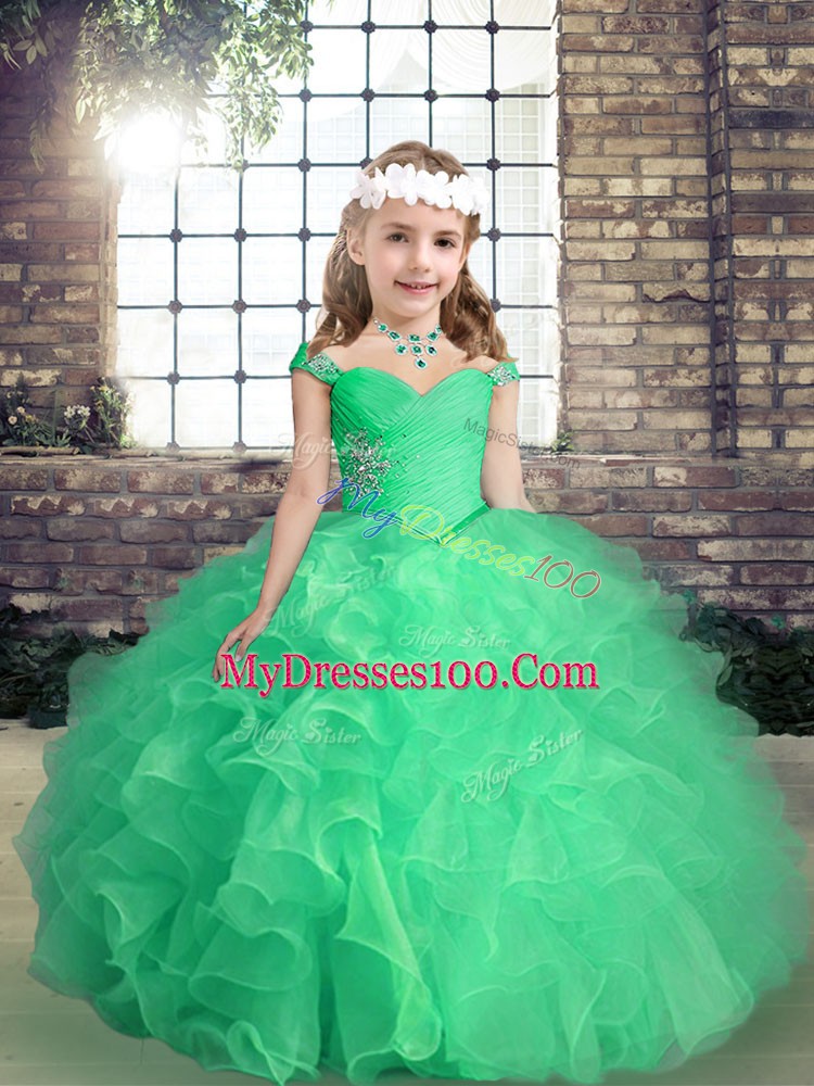 Fantastic Apple Green Ball Gowns Organza Straps Sleeveless Beading and Ruffles and Ruching Floor Length Lace Up Little Girls Pageant Dress Wholesale