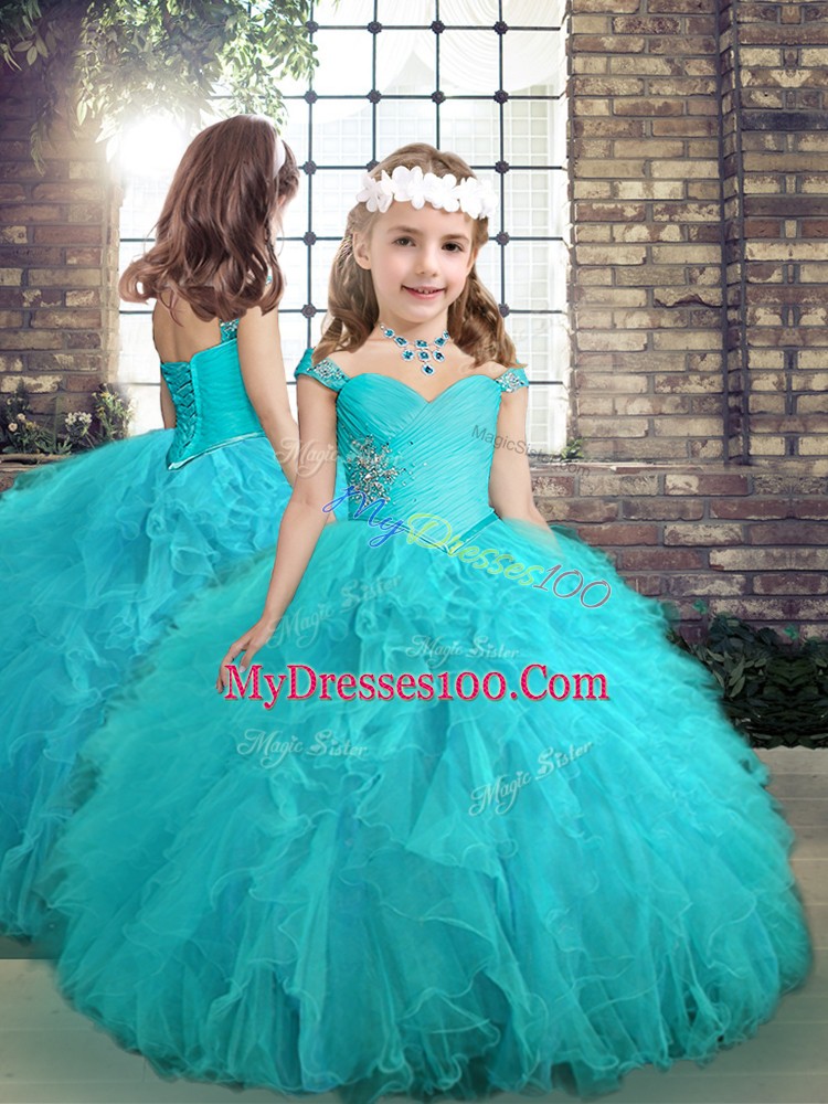 Floor Length Aqua Blue Little Girls Pageant Dress Tulle Sleeveless Beading and Ruffles