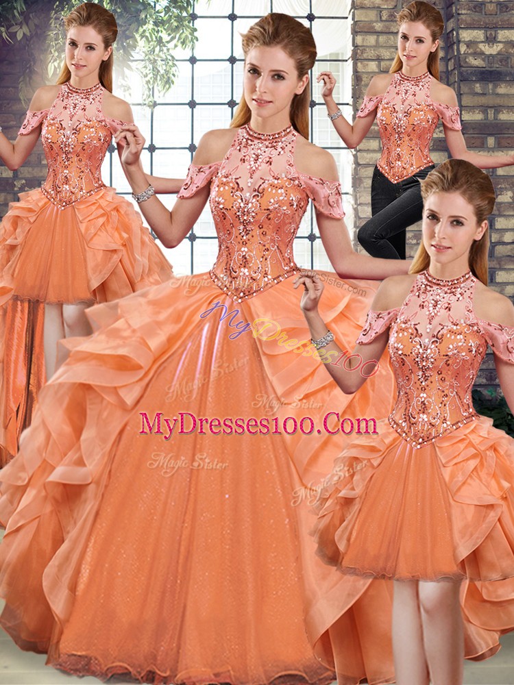 Beauteous Beading and Ruffles Sweet 16 Dress Orange Lace Up Sleeveless Floor Length