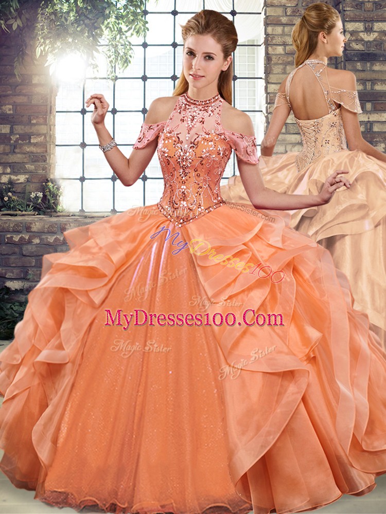 Beauteous Beading and Ruffles Sweet 16 Dress Orange Lace Up Sleeveless Floor Length