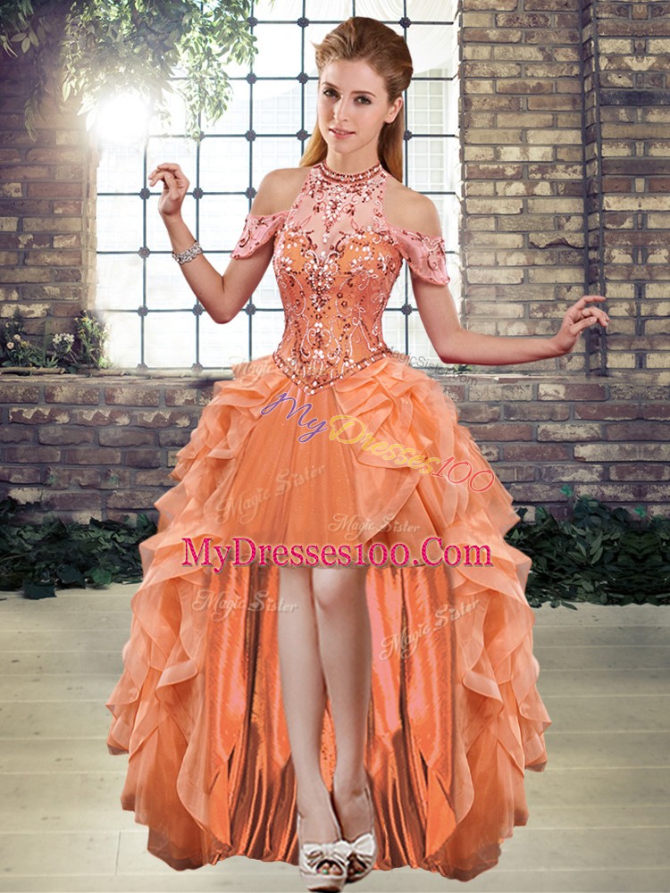 Beauteous Beading and Ruffles Sweet 16 Dress Orange Lace Up Sleeveless Floor Length