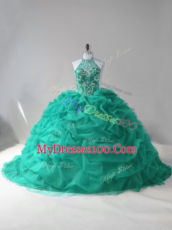 Romantic Turquoise Halter Top Lace Up Beading and Pick Ups Quinceanera Gown Court Train Sleeveless