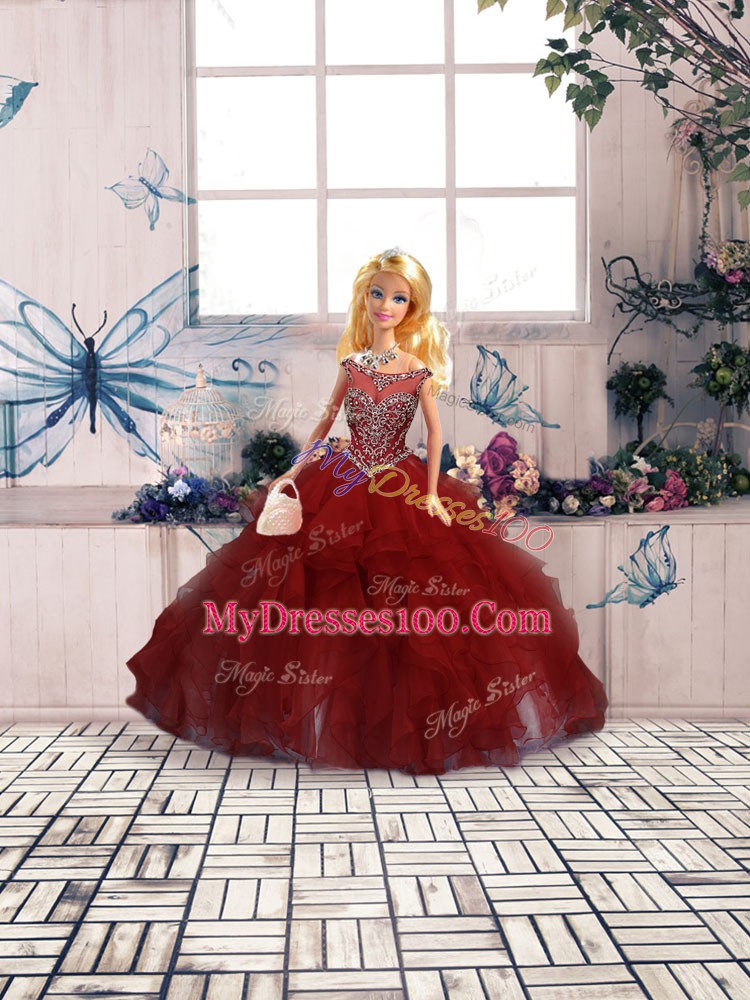 Burgundy Ball Gowns Organza Scoop Sleeveless Beading and Ruffles Floor Length Zipper Quinceanera Dresses