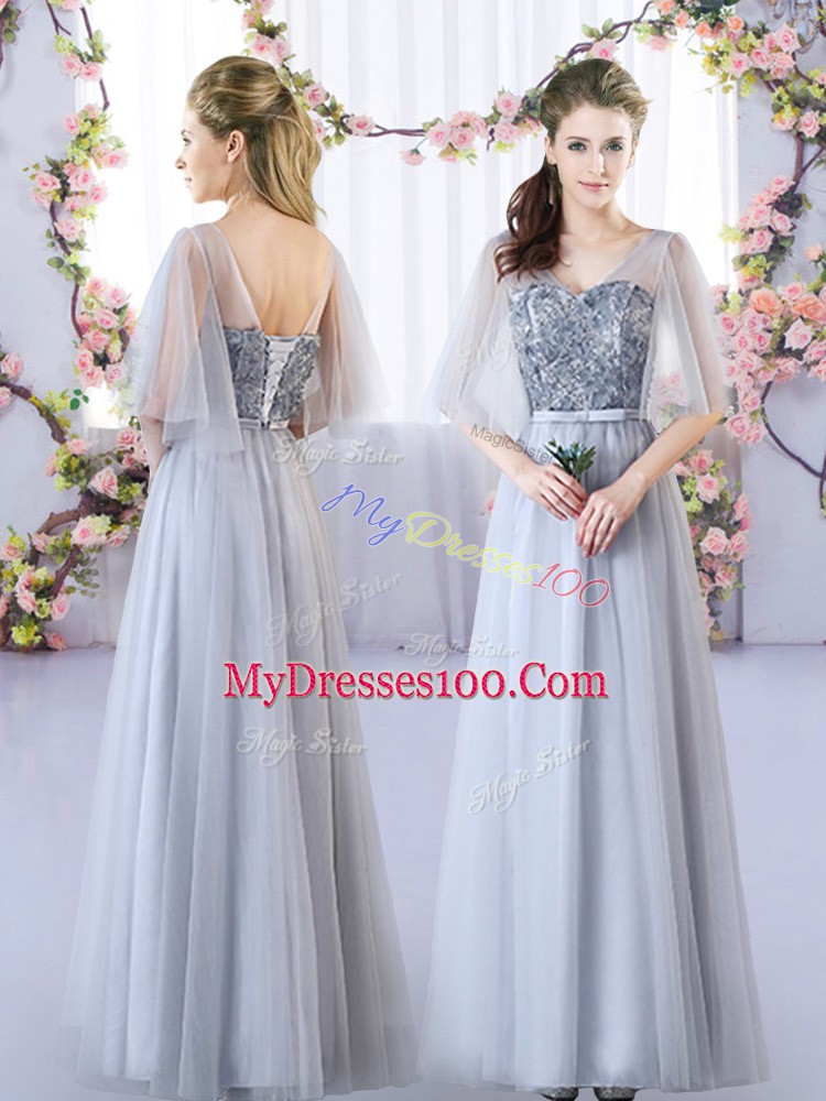 Grey Empire Tulle V-neck Sleeveless Appliques Floor Length Lace Up Court Dresses for Sweet 16