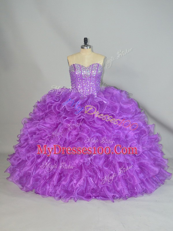 Low Price Floor Length Lace Up 15 Quinceanera Dress Purple for Sweet 16 and Quinceanera with Beading and Ruffles