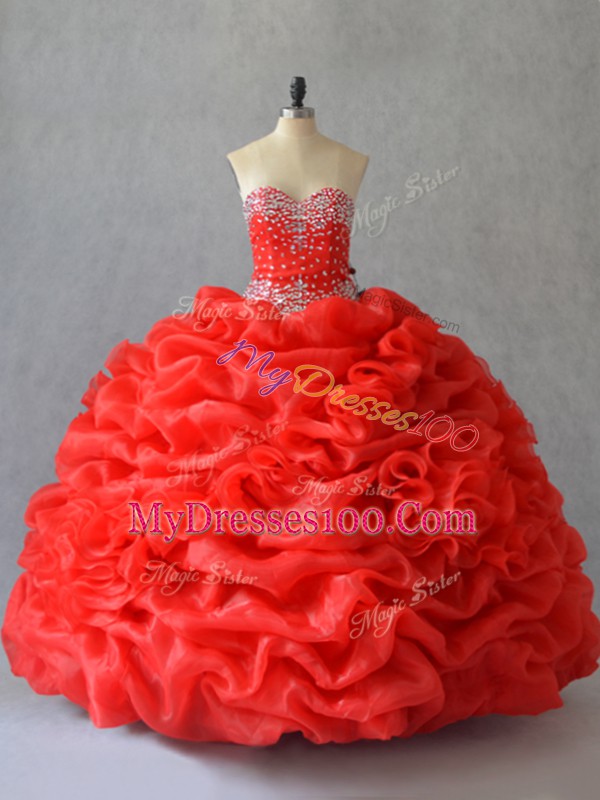 Floor Length Lace Up Vestidos de Quinceanera Red for Sweet 16 and Quinceanera with Pick Ups and Hand Made Flower