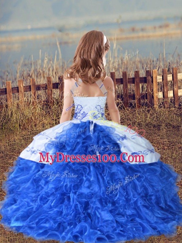 Beauteous Ball Gowns Kids Formal Wear Blue And White Halter Top Organza Sleeveless Floor Length Lace Up