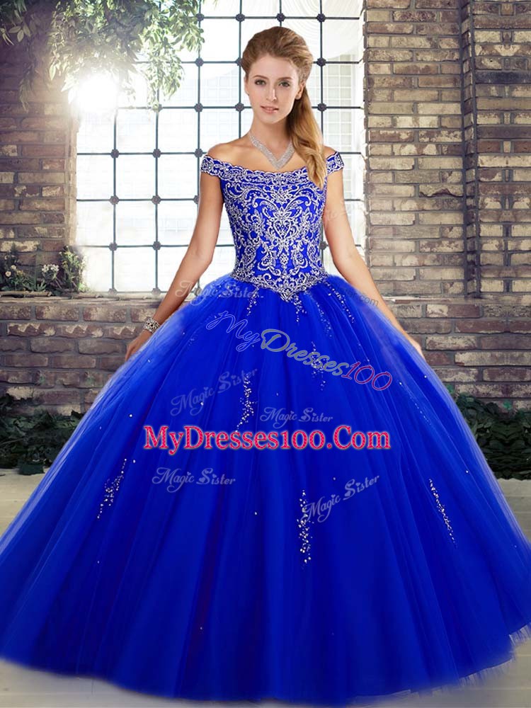 Floor Length Ball Gowns Sleeveless Royal Blue Quinceanera Gowns Lace Up