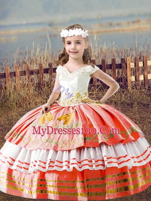 Orange Red Sleeveless Satin Lace Up Little Girls Pageant Gowns for Wedding Party