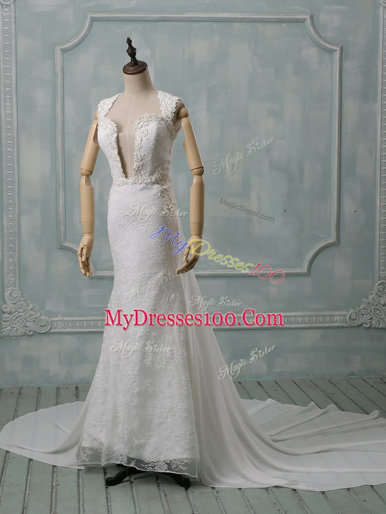 Glittering Zipper Wedding Dress White for Wedding Party with Lace Court Train