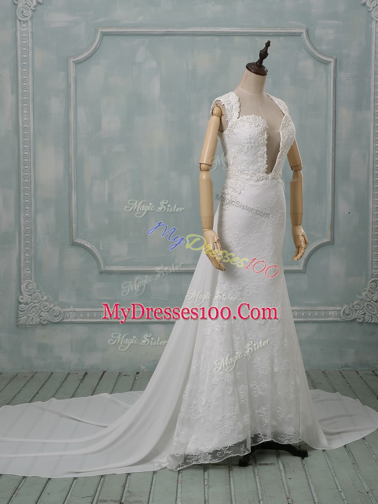 Glittering Zipper Wedding Dress White for Wedding Party with Lace Court Train