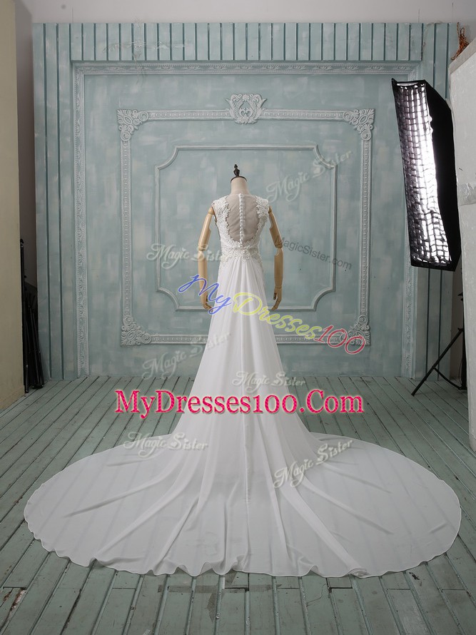 Glittering Zipper Wedding Dress White for Wedding Party with Lace Court Train