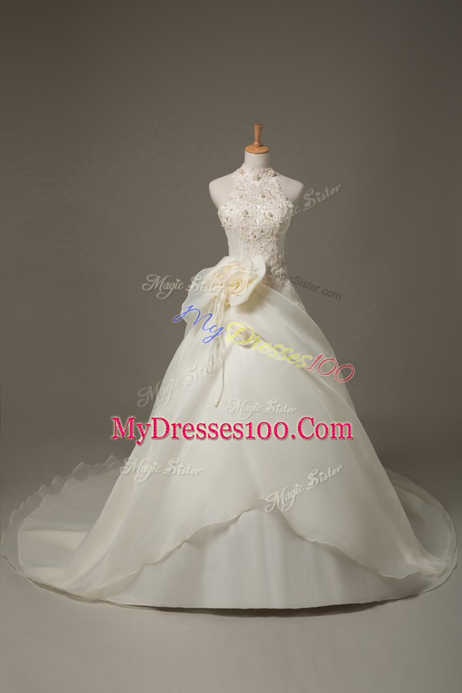 On Sale White Organza Zipper Wedding Gowns Sleeveless Court Train Beading and Lace and Hand Made Flower